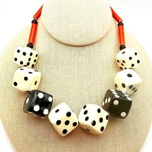 Vintage Parrot Pearls Ceramic Dice Necklace Artisan Black White Red Rare 16"